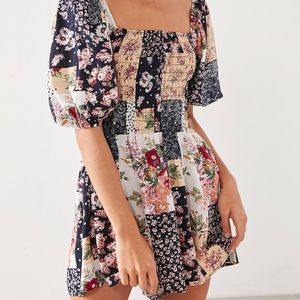 UO Kimchee Blue Smocked Patchwork Romper